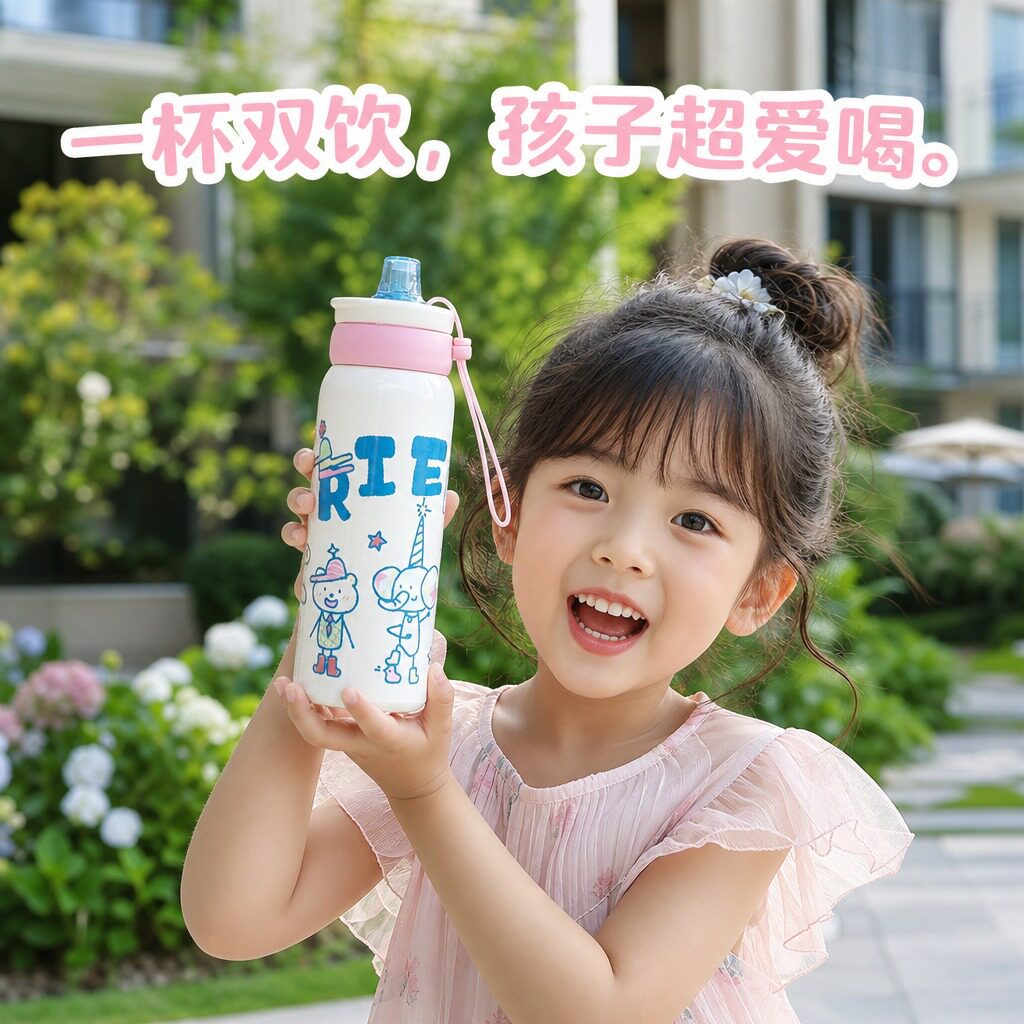 儿童保温杯带挂绳防漏卡通兔子印花小学生上学水杯现货FX