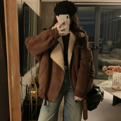 实拍 皮毛一体麂皮羊羔毛外套女2025秋冬季新款复古高级感羊羔绒