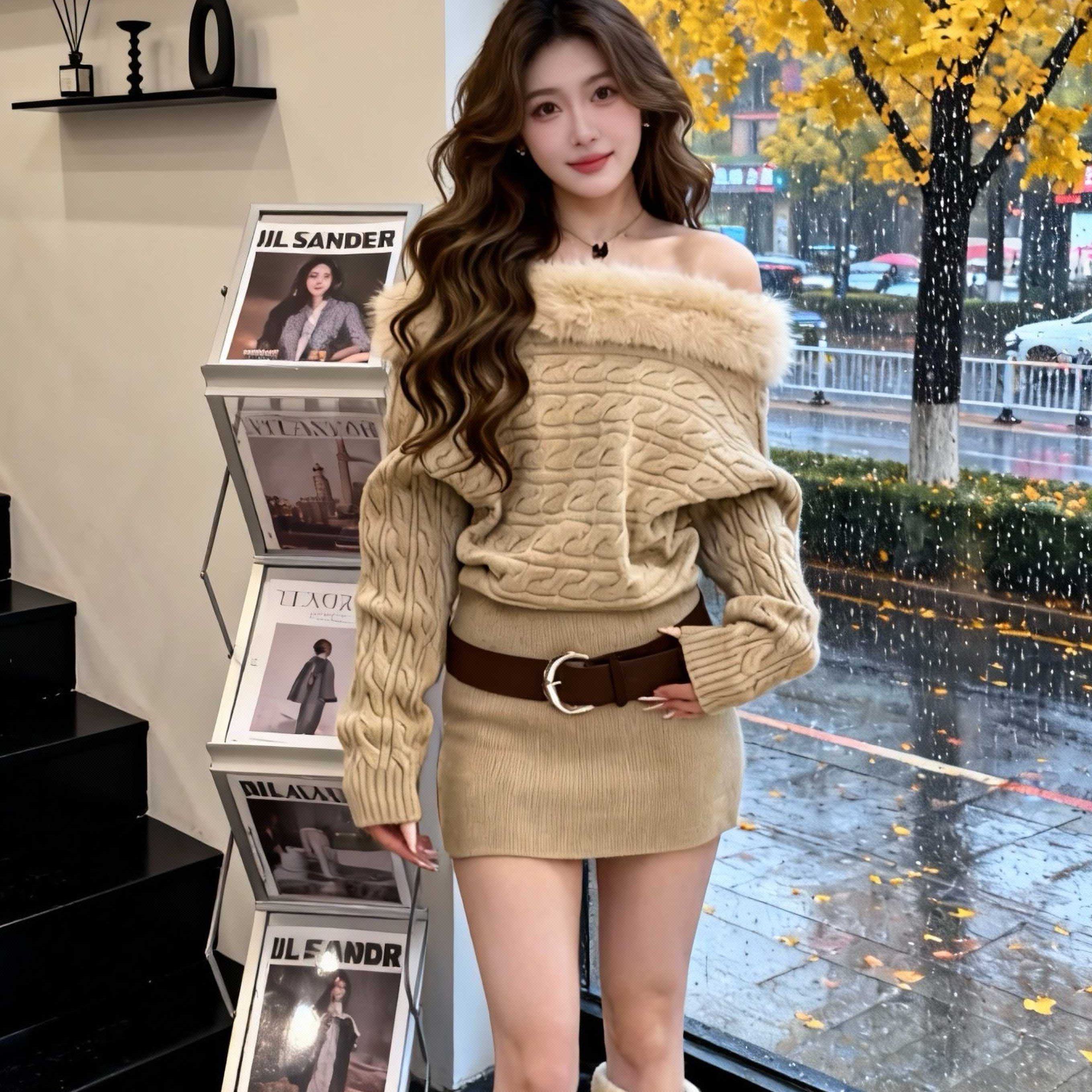 2025新款时尚纯欲风性感气质麻花露肩毛毛拼接收腰显瘦毛衣包臀裙