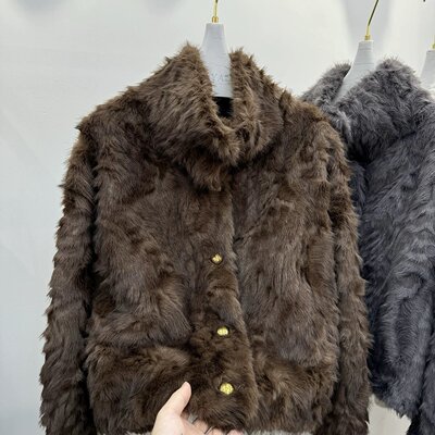 2025新款立领环保小湖羊女短款小个子仿皮草外套毛毛上衣女