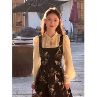 Fdress寄信 新中式黑色假两件连衣裙2023新款女秋冬气质显瘦长裙