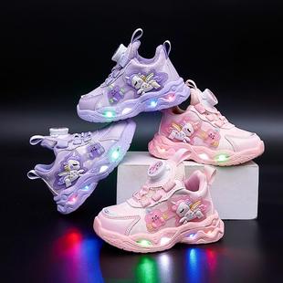 女童带灯运动鞋2024秋冬新款儿童皮面加绒中小童女孩公主发光鞋子