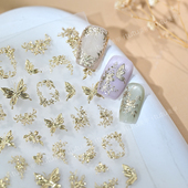 新款 金属小花立体浮雕烫金美甲贴纸玫瑰金蝴蝶银色花藤指尖小图案