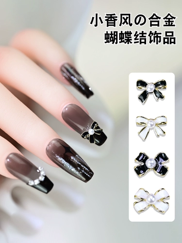 Металлический аксессуар для маникюра с бантиком из жемчуга, бриллиантовые накладные ногти для ногтей, алмаз, в стиле Шанель, коллекция 2022, популярно в интернете