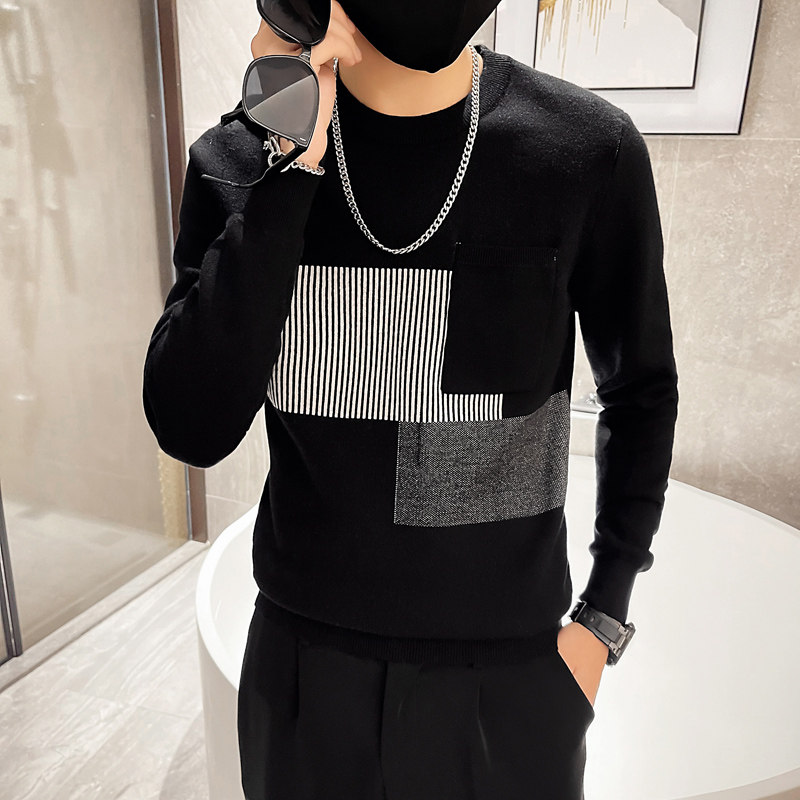 精神小伙2021毛衣针织衫拼色社会风韩版长袖毛衣D326-1 2209P85图片