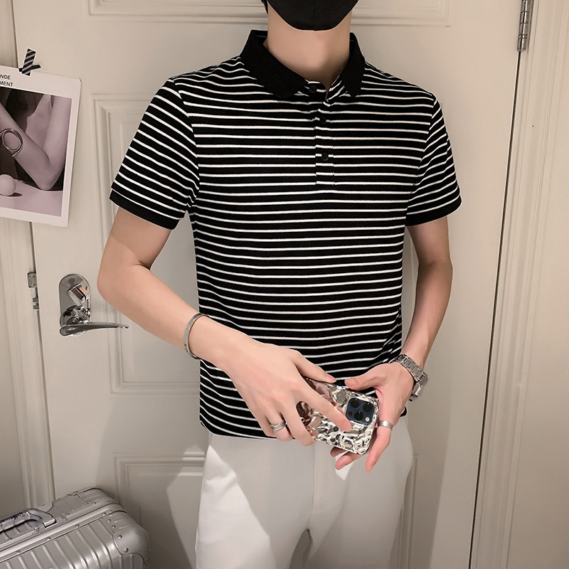 2024夏季条纹精神小伙短袖POLO衫社会青年上衣潮D326-16838P55,男装Polo衫,星座1101