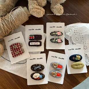 2025热销韩国新款手工刺绣小狗樱桃格子布艺发夹 可爱刘海夹儿童