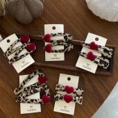 2025热销2只装 蝴蝶结刘 时尚 韩国新款 红色植绒爱心豹纹蝴蝶结发夹