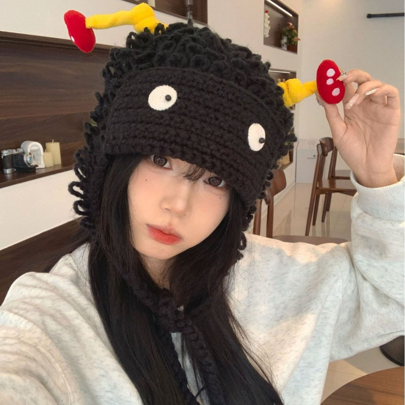 小众搞怪针织可爱毛线帽子秋冬季保暖护耳绿色小怪兽大眼睛雷锋帽