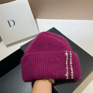 轻奢水钻安哥拉长兔毛双折边针织帽冬季寒冷保暖毛线护耳帽女