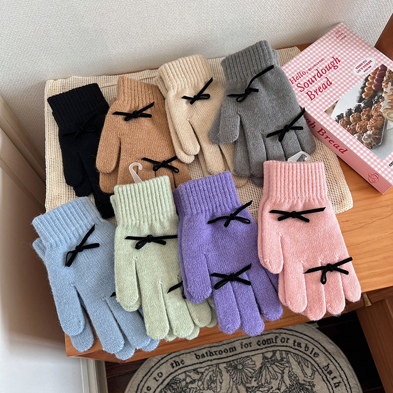 2025热销日韩系蝴蝶结手套女针织毛线可爱保暖手套学生防寒骑行分