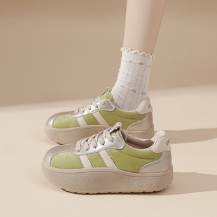女2026春季 百搭球鞋 新款 韩版 潮 绿色拼色增高休闲鞋 丑萌厚底德训鞋
