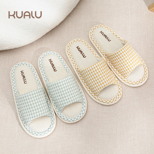 快鹿简约格子四季透气棉麻拖鞋