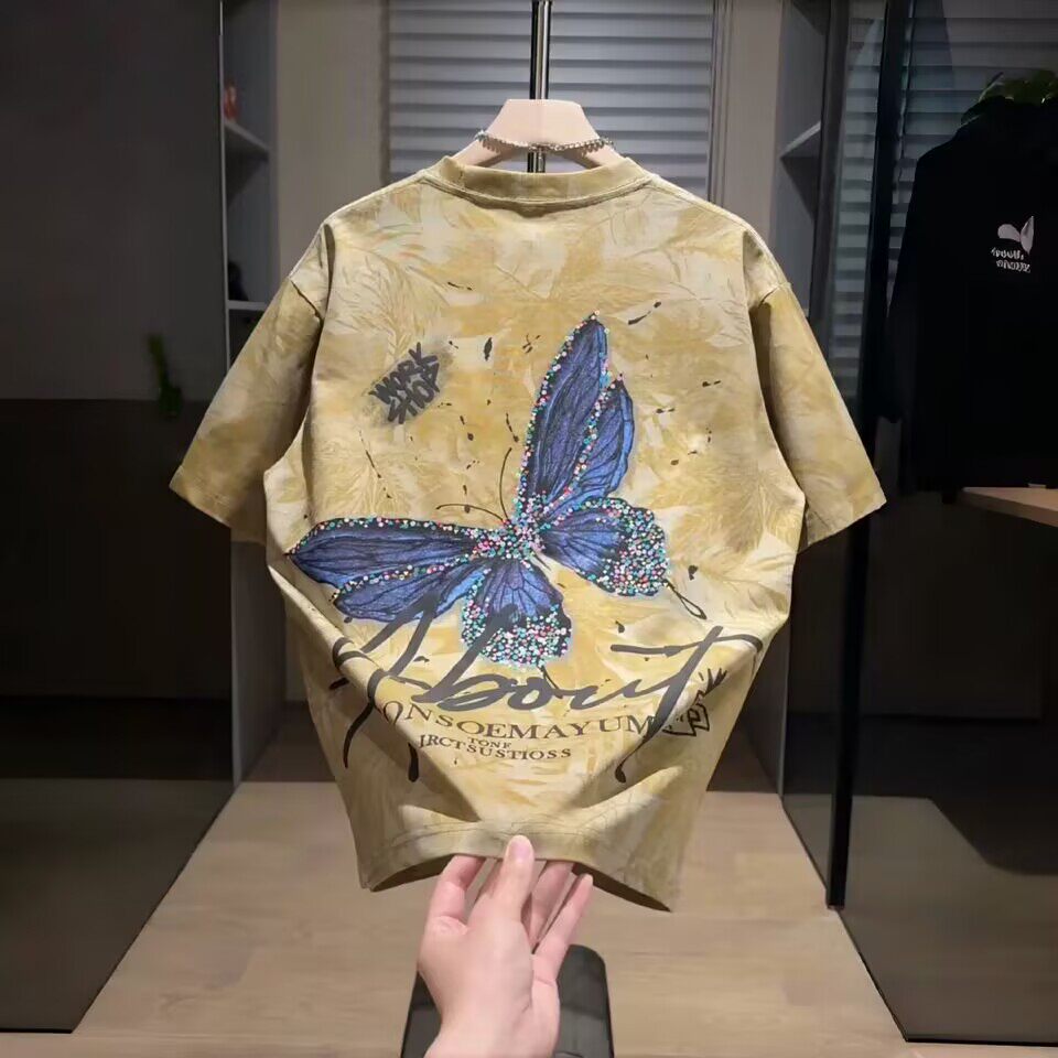 2025新款蝴蝶扎染短袖t恤男欧货修身潮牌夏季男款男装体恤半袖T恤