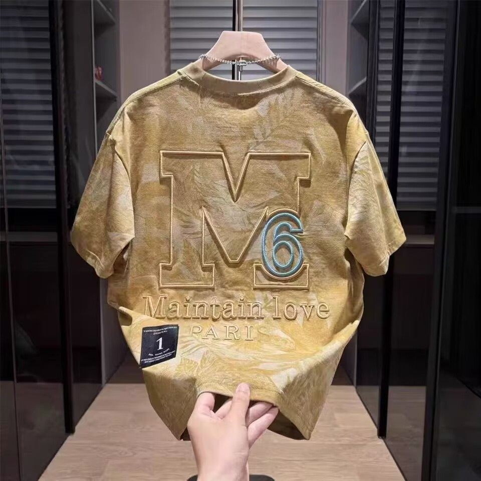 2025夏季新款美式重磅短袖T恤男扎染字母刺绣时尚潮牌流行半袖t恤