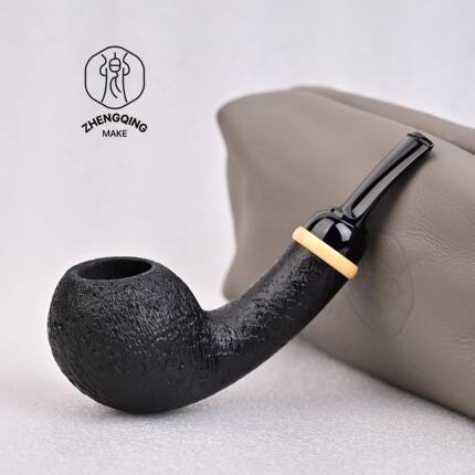 中国孙正卿烟斗手工制作石楠木黑色喷砂面黄杨木饰圈自由式河豚