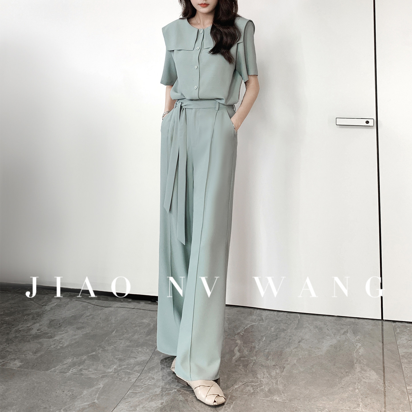 高腰阔腿裤两件套装女夏季新款时尚海军领上衣短袖显瘦chic潮套装