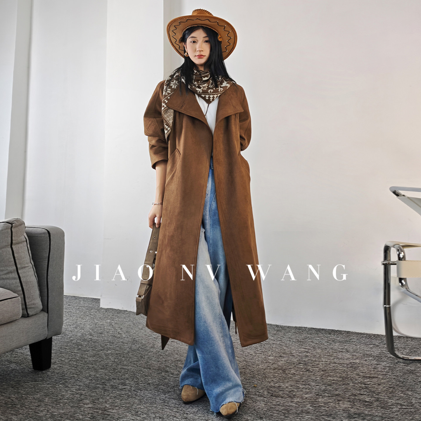 美拉德麂皮绒风衣女春秋季新款焦糖色大翻领长款过膝美式西部外套,女装/女士精品,西装,淘宝优惠券,粉丝福利购,淘宝优惠卷