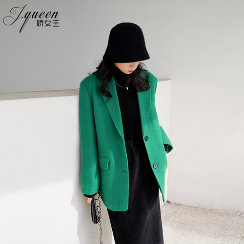 绿色短款西装外套毛呢轻熟