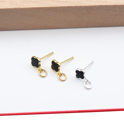 S925纯银四叶草开口diy耳钉配件