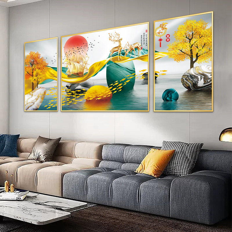 客厅装饰画沙发背景墙三联画轻奢自粘墙贴画现代中式山水贴纸壁画,家居饰品,现代装饰画,淘宝优惠券,粉丝福利购,淘宝优惠卷