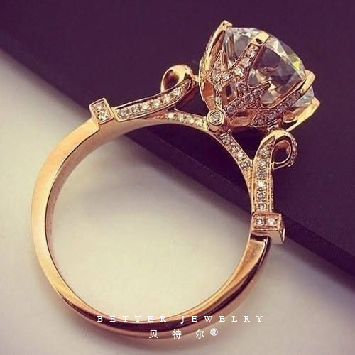 定制复古巴洛克豪华1克拉求婚钻戒女925纯银镀18K玫瑰金花苞戒指