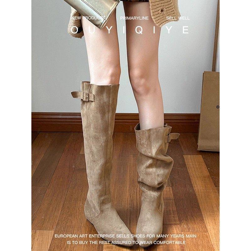 软皮版~慵懒感女冬复古堆堆靴法式显瘦高筒靴粗跟绒面卡其色长靴,女鞋,骑士靴,淘宝优惠券,粉丝福利购,淘宝优惠卷
