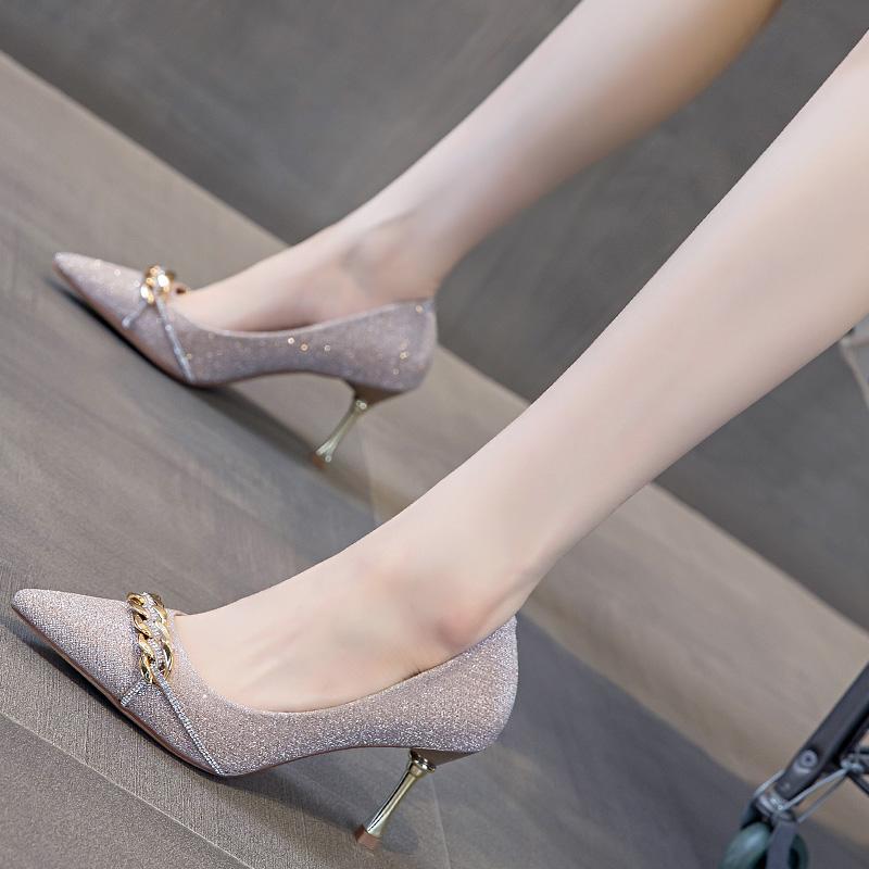 香槟色高跟鞋女细跟2025春季新款婚鞋亮片晚礼服宴会单鞋金属链