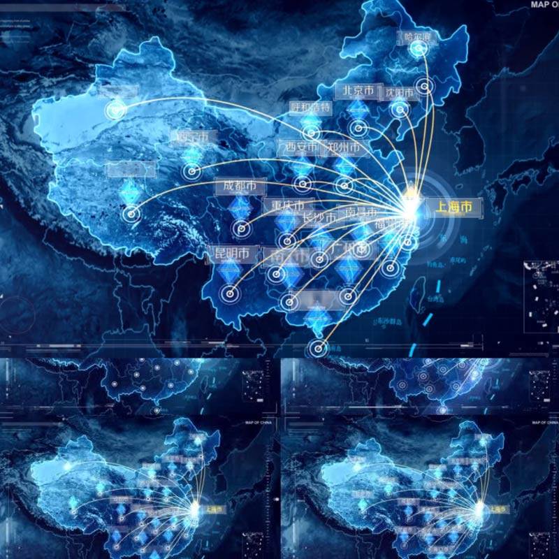 上海市地图辐射全国科技定位覆盖全国光线辐射业务分布区位ae模板