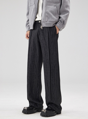 黑色麂皮绒水波纹阔腿裤男士秋冬新款高腰休闲宽松直筒垂感拖地裤