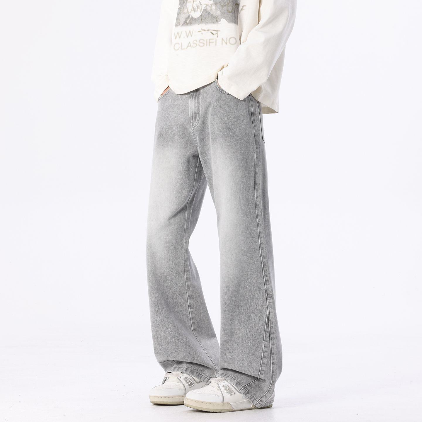 美式灰色高街微喇叭牛仔裤男士春秋季新款高腰显瘦窄版直筒阔腿裤,男装,牛仔裤,淘宝优惠券,粉丝福利购,淘宝优惠卷