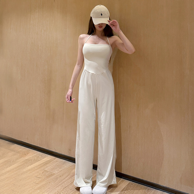 白色普拉提绝美健身连体衣女修身运动直筒裤训练带胸垫瑜伽服秋季图片