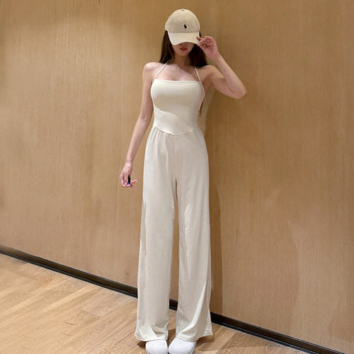 白色普拉提绝美健身连体衣女修身运动直筒裤训练带胸垫瑜伽服春季