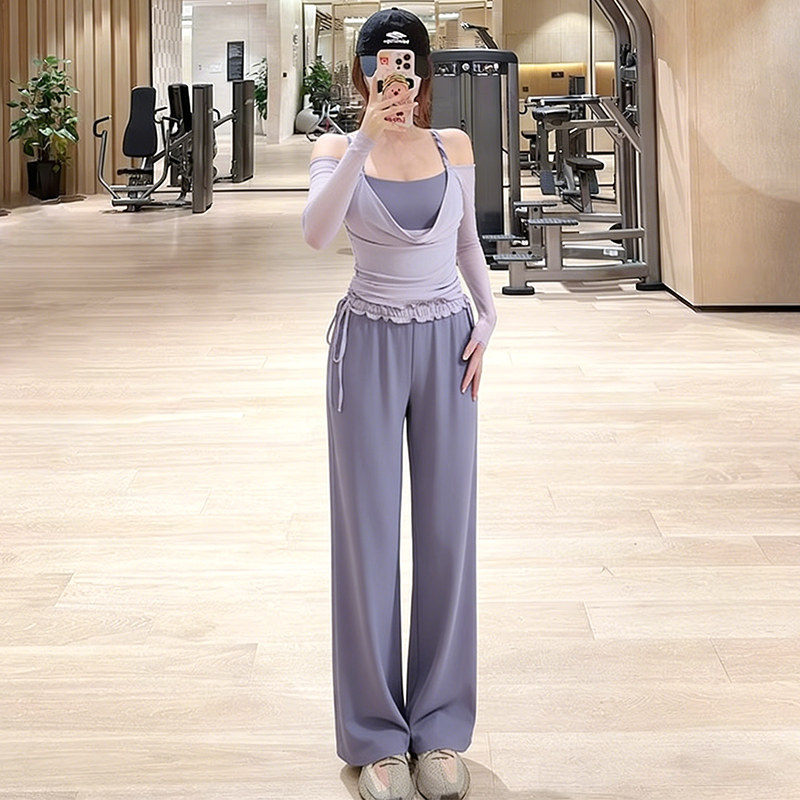 绝美性感普拉提健身长袖女带胸垫露肩运动上衣假两件网纱瑜伽服冬,运动服/休闲服装,健身衣,淘宝优惠券,粉丝福利购,淘宝优惠卷