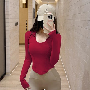 红色普拉提训练健身健长袖女辣妹专业运动上衣高级感瑜伽服春新款