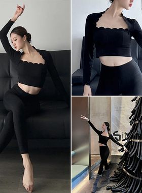 黑色绝美性感健身长袖女带胸垫运动上衣普拉提训练高级感瑜伽服春