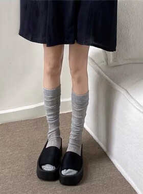 miu堆堆灰色小腿袜女春夏季薄款竖条纹走秀款纯色中筒袜百搭高筒