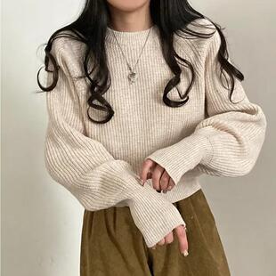 2026年新款秋冬圆领套头毛衣女手袖加长开口保暖加厚针织衫