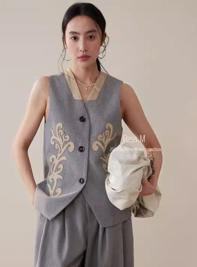 Ress.M】十三行极简绣花设计印花v领老钱风休闲纽扣马甲马夹背心