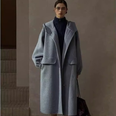 羊毛长款连帽双面呢外套