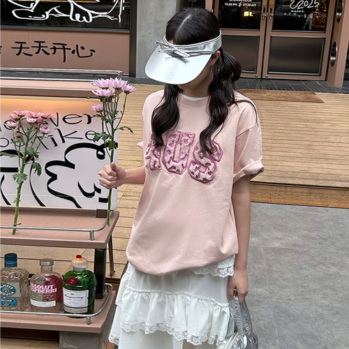 FORUYES官方店 2025春夏新款国潮牌毛绒宽松情侣款圆领百搭短袖