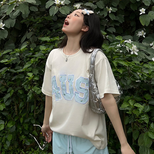 FORUYES官方店 春夏贴布绣碎花国潮牌情侣男女宽松打底衫T恤短袖