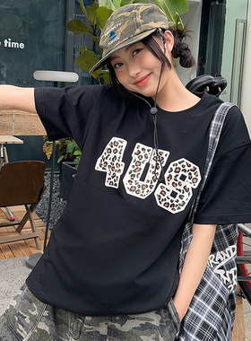 FORUYES官方店 夏季豹纹字母国潮情侣款男女宽松印花圆领t恤短袖