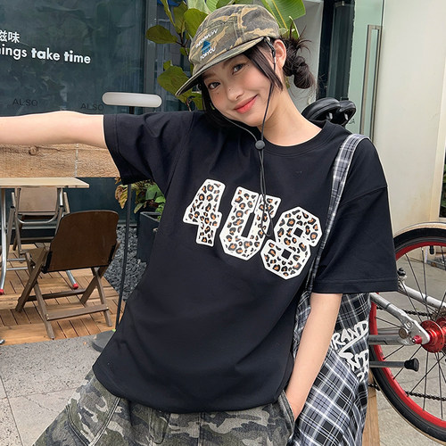 FORUYES官方店 夏季豹纹字母国潮情侣款男女宽松印花圆领t恤短袖