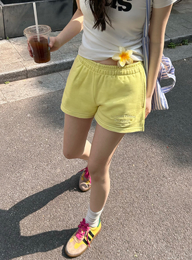 FORUYES官方店 美式复古校园风标语基础刺绣女ins潮修身休闲短裤