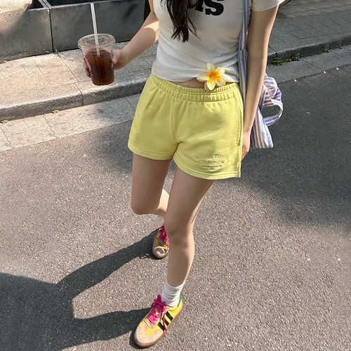 FORUYES官方店 美式复古校园风标语基础刺绣女ins潮修身休闲短裤