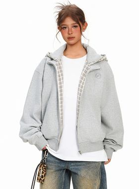 FORUYES官方店 秋冬季圆环字母格纹内衬修身拉链帽衫开衫加绒外套