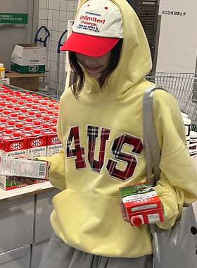 FORUYES官方店 秋冬季格纹贴布绣国潮牌情侣款男女宽松上衣连帽衫