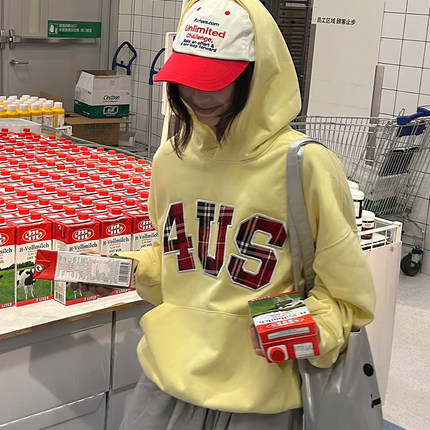 FORUYES官方店 秋冬季格纹贴布绣国潮牌情侣款男女宽松上衣连帽衫