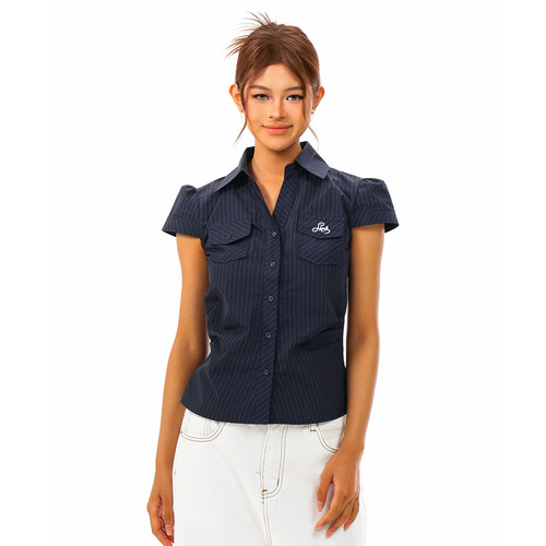 美式复古条纹掐腰剪裁短袖衬衫